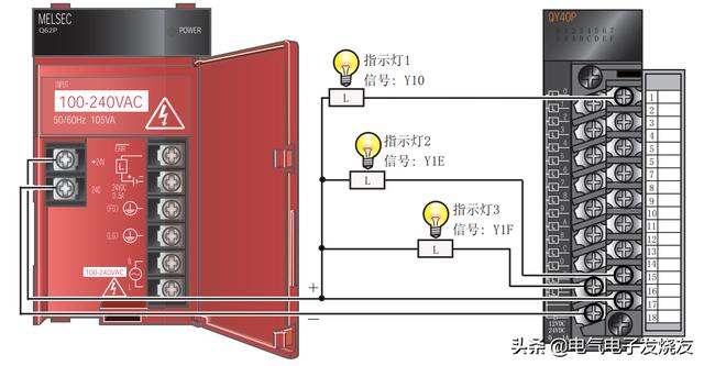 输出模块 (qy40p) 的配线示例3)输出模块的配线以下是输入模块 (qx40)