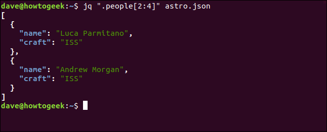 The "jq ".people[2:4]" astro.json" command in a terminal window.