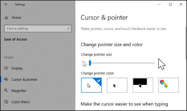 The "Cursor and Pointer" menu in the Windows 10 Settings app.