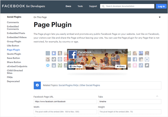 The Facebook for Developers page plugin tool