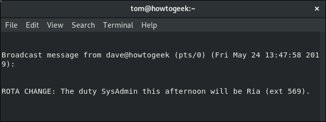 wall message to Tom in a terminal window