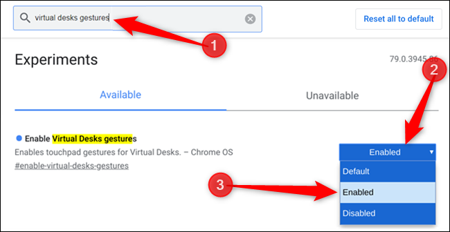 Type "Virtual Desks gestures" into the search bar, click the drop-down list and choose "Enabled" from the list provided.