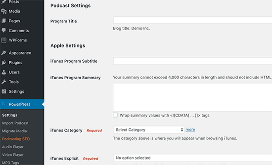 Podcast settings