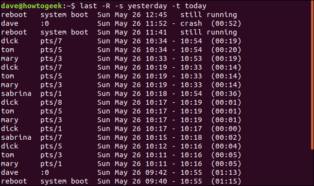 Output from last -R -s yesterday -t today in a terminal window