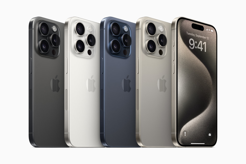 iPhone 15 Pro 有黑钛、白钛、蓝钛和天然钛饰面。