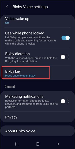 Bixby settings with Bixby key option call out.