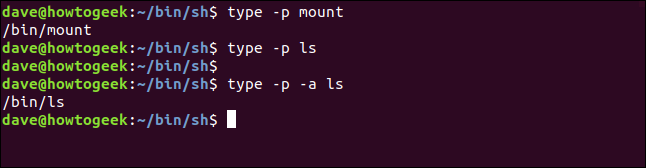 demonstration of the type -p option in a terminal widow