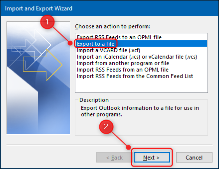 The "Import and Export Wizard" with the "Export to a file" option highlighted.