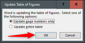 Update entire table or page numbers only options