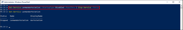 Disabling and stopping the LanmanWorkstation service using PowerShell