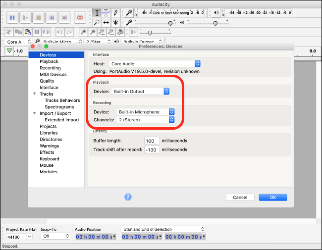 Audacity Preferences on macOS