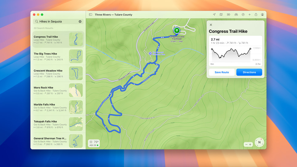 一位用户的 MacBook Pro 桌面上展示地图 app 上的 Congress Trail Hike 路线。