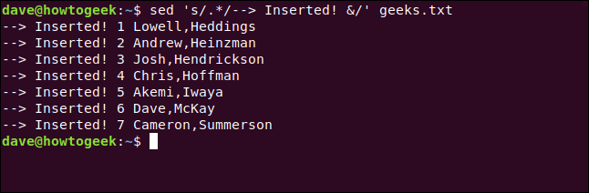 The "sed 's/.*/--> Inserted &/' geeks.txt" command in a terminal window.
