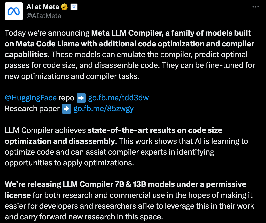 开发者狂喜！Meta最新发布的LLM Compiler，实现77%自动调优效率 | 最新快讯