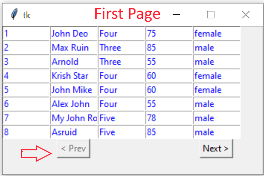 Tkinter 窗口中的第一页分页记录