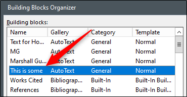 The AutoText entry you selected is highlighted in the "Building Blocks Organizer" window.