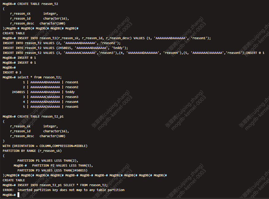 创建表分区时提示ERROR inserted partition key does not map to any table