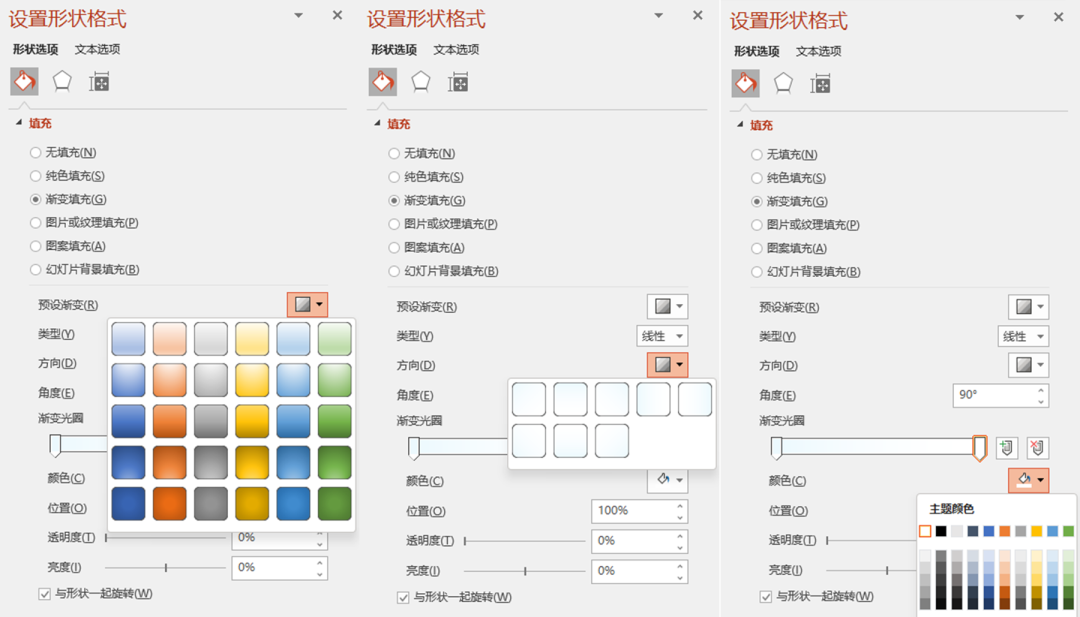 選中 ppt 中的內容,打開「設置形狀格式」就能看到「漸變填充」這個