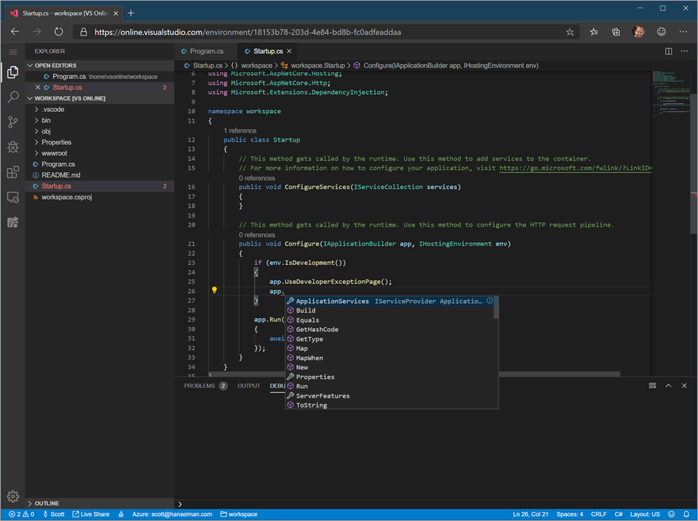 I'm in VS Code but it's not, it's VS Online in a browser I'm in VS Code but it's not, it's VS Online in a browser