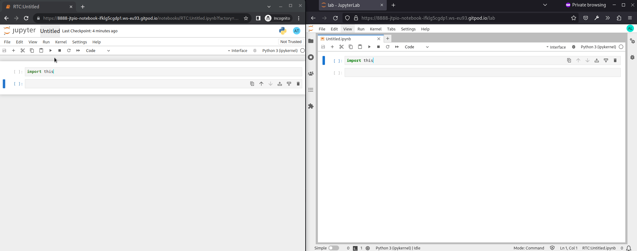 显示用户如何使用 Notebook 7 和 JupyterLab 协作处理同一文档的截屏视频