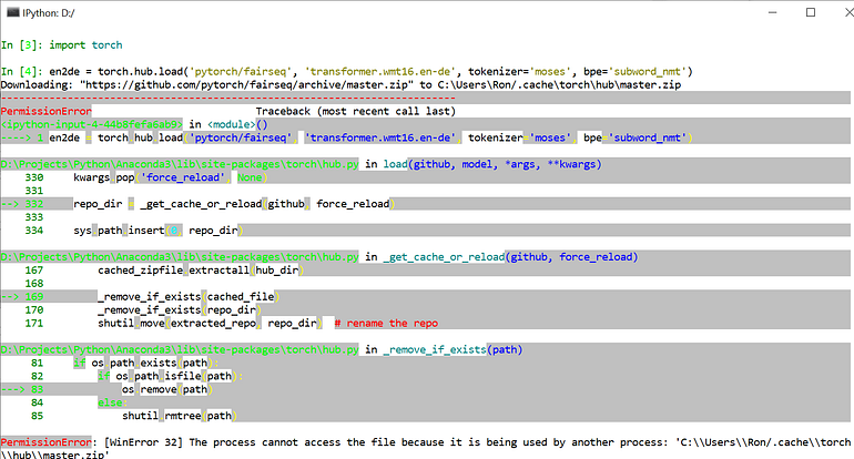 修复 Windows 上的 PyTorch 1.1 github 模型加载权限错误