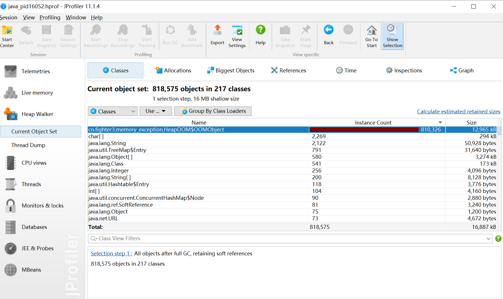 Jprofiler 打开的堆转储快照文件