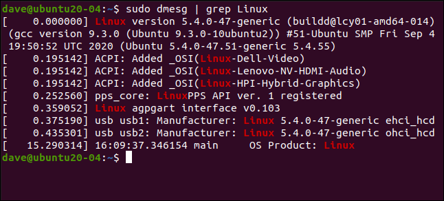 sudo dmesg | grep Linux in a terminal window.