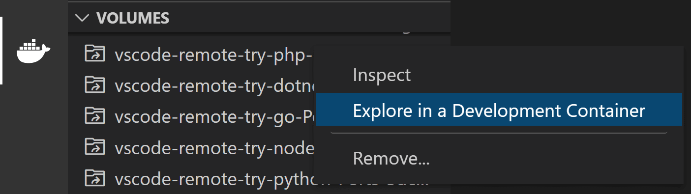 在 Docker 上下文菜单中的开发容器中探索