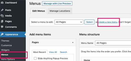 Create a new custom menu in WordPress