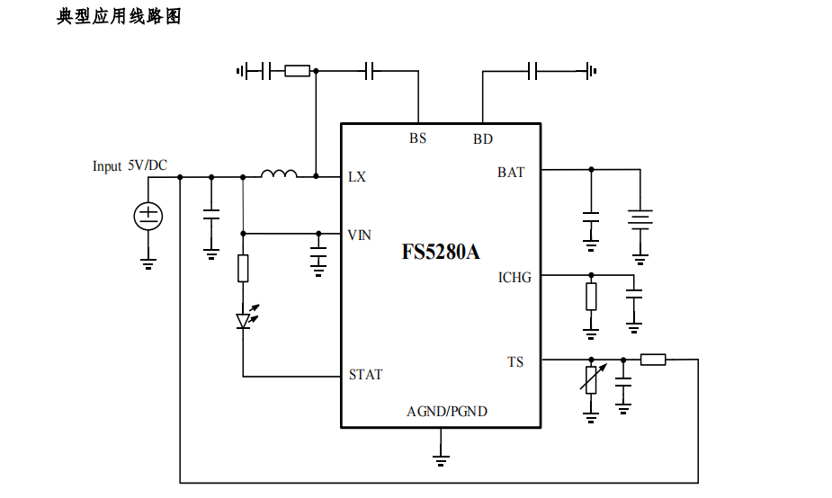 fs5280a電路應用圖fs5280a是一款高效,高精度的鋰電池充電ic,具有5v