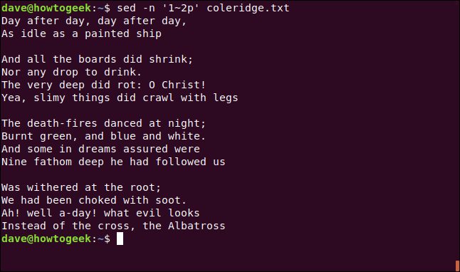 The "sed -n '1~2p' coleridge.txt" command in a terminal window.