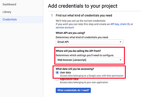 API credentials step 1