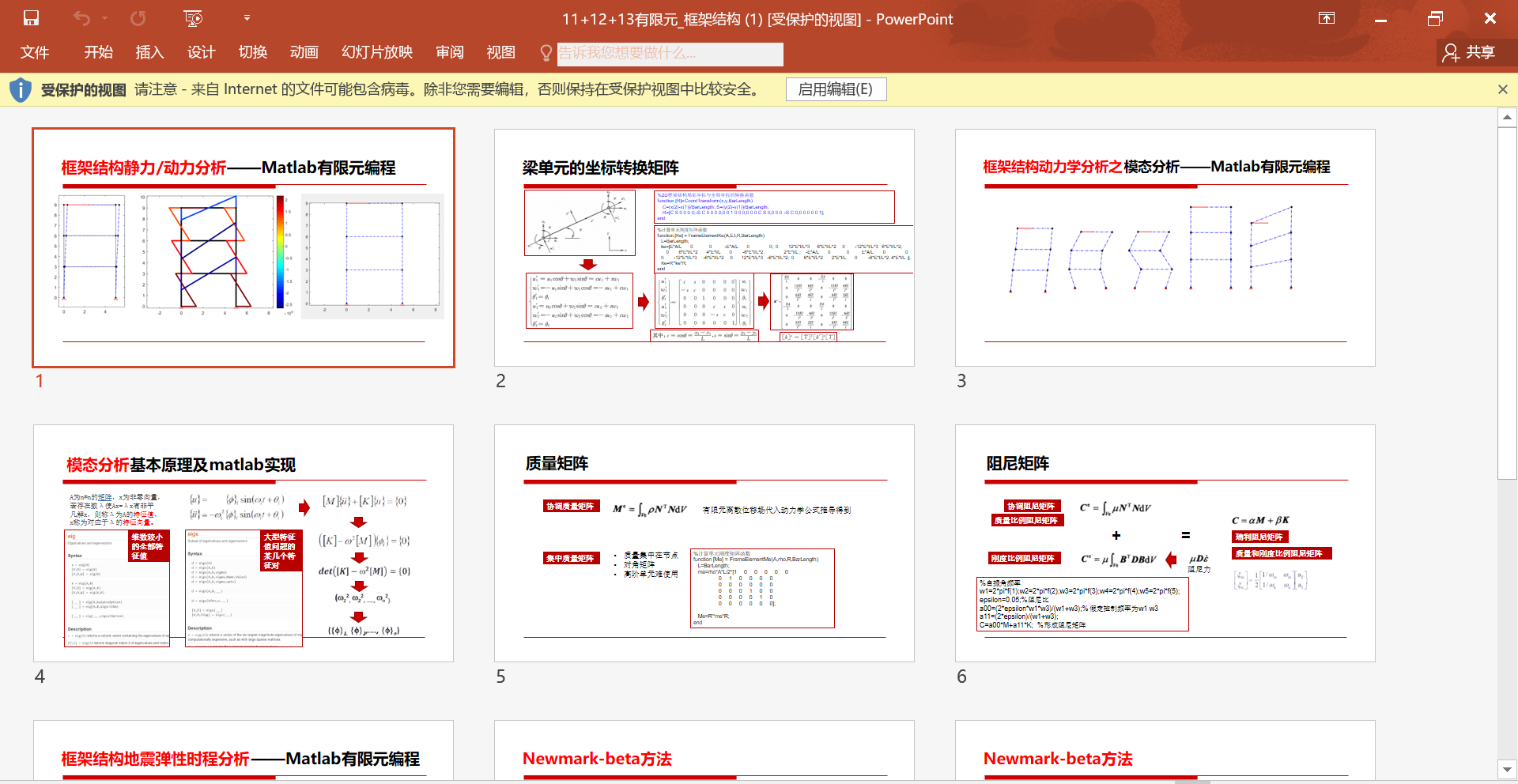 框架结构静力分析matlab有限元编程【Matlab源码+PPT讲义】| 梁单元 | 弯矩图 |坐标变换