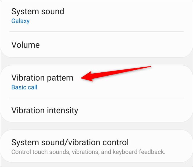 Samsung Galaxy S20 Select "Vibration Pattern"