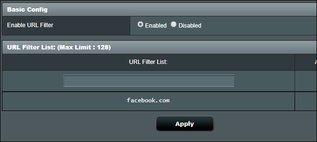 Blocking websites on an Asus router with the URL Filter List feature.