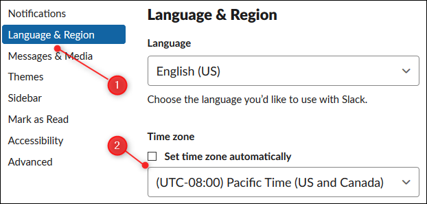 Click "Language & Region," and then click the dropdown menu and select the time zone.