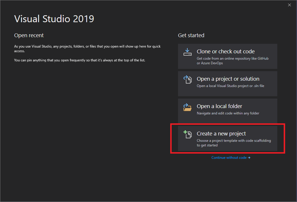 View the 'Create a new project' window