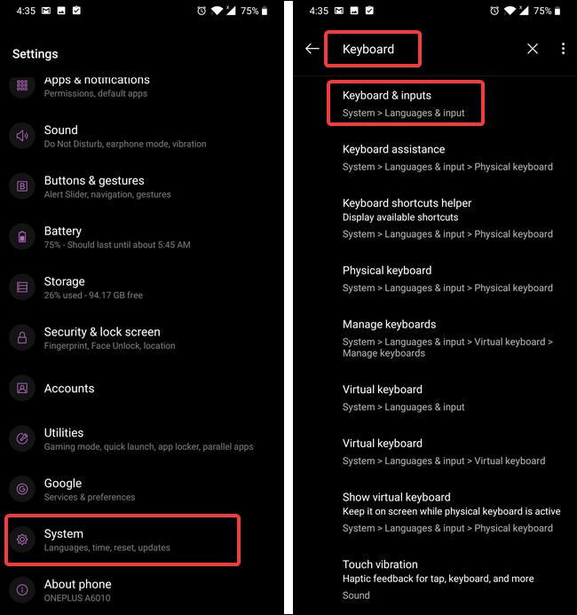 search for keyboard settings