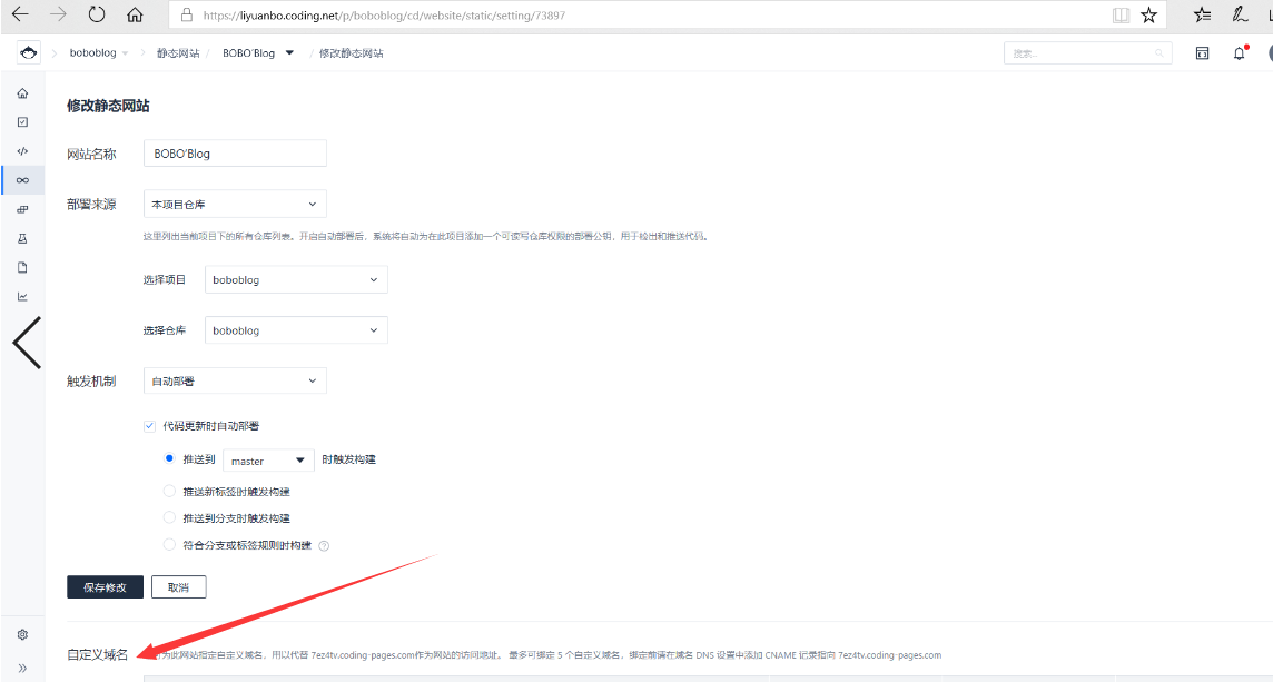 在coding page的设置中找到自定义域名选项