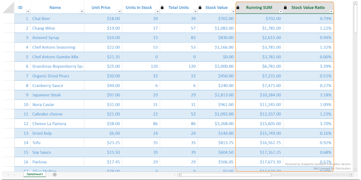 JavaScript TableSheet Calculated Fields