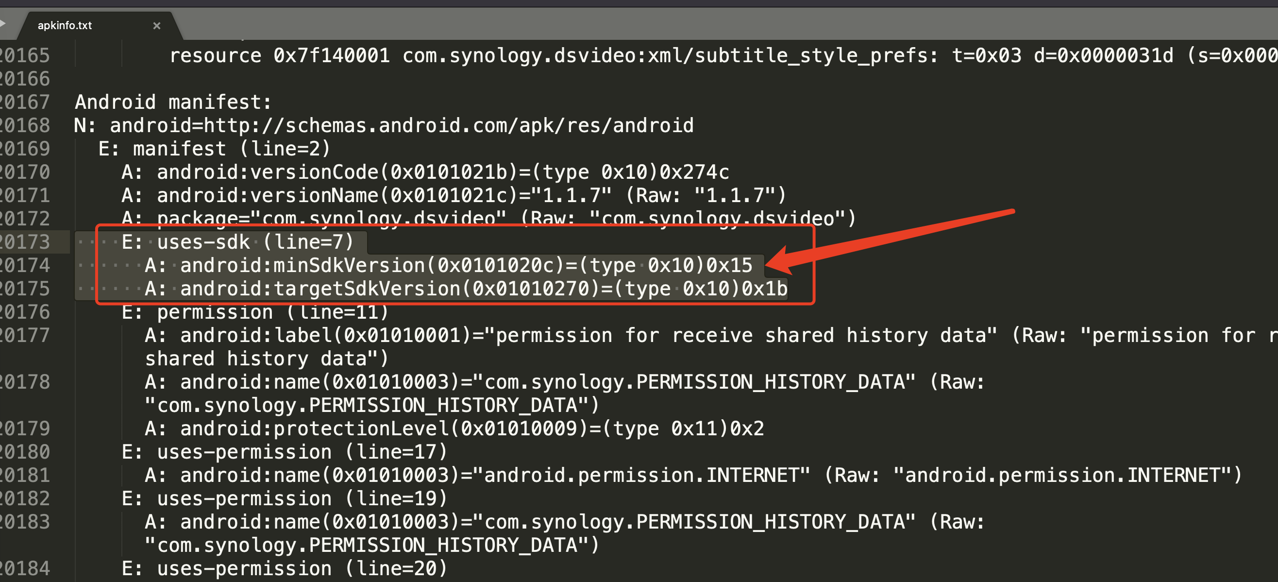 View the minimum Android version supported by the APK in the apkinfo.txt file