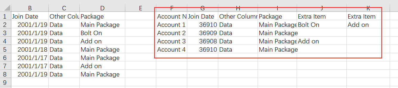 Excel 将非分组列的数据移到同一行