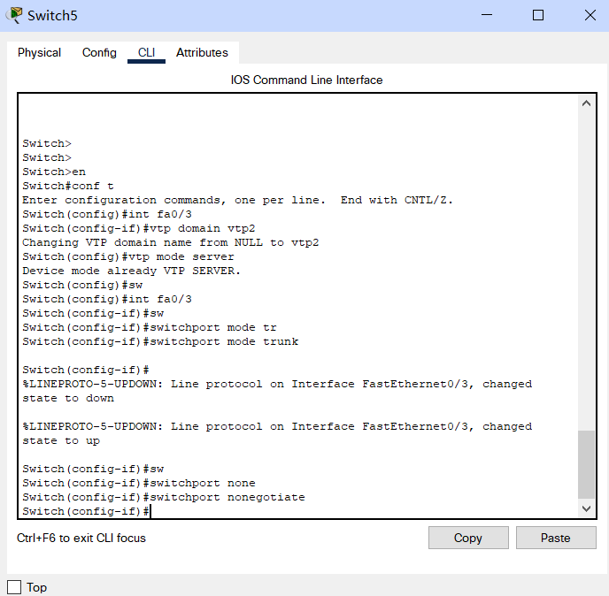 Cisco Packet Tracer 双VTP SERVER配置实验_conflict between 'nonegotiate' and