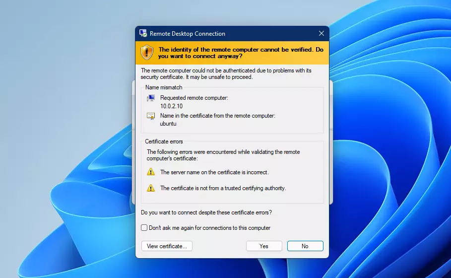 windows 11 remote desktop connection to ubuntu accept cert