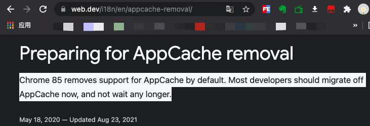 Chrome version 85+ no longer supports AppCache