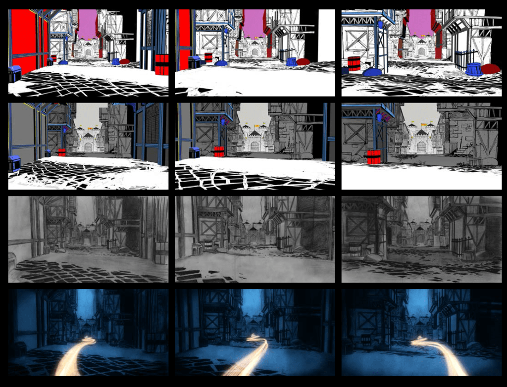 用VR创作的狼视角插画；Blender创建的CG版本；铅笔素描的渲染版本；最终的合成版本