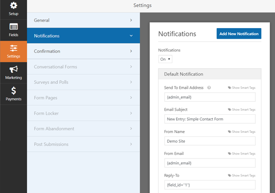 WPForms Notification Settings