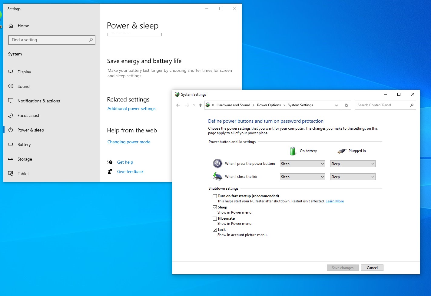 Power options in Windows 10.