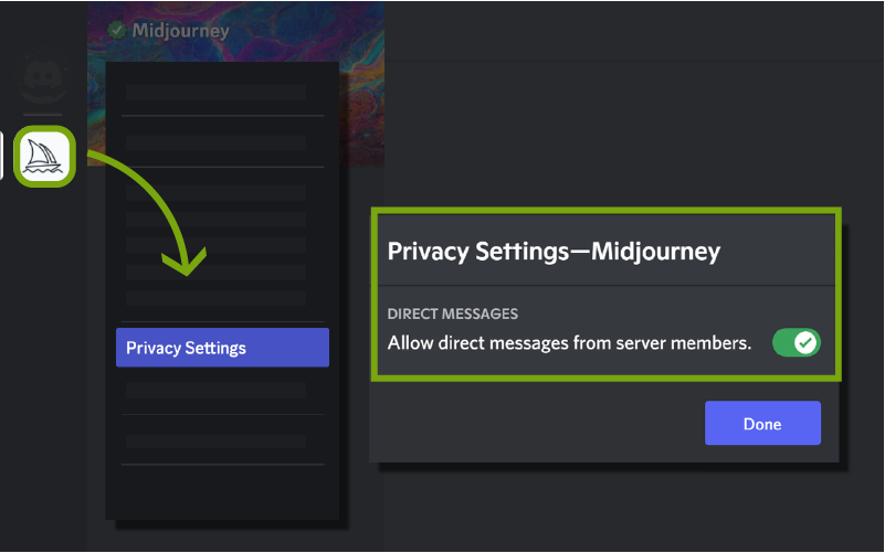 显示如何在Discord桌面版中找到直接消息隐私设置的图像