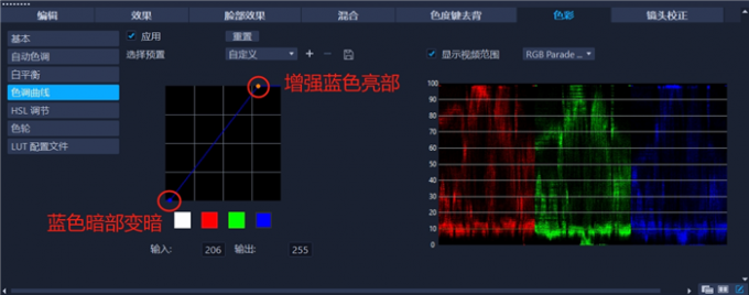 调整蓝色通道色调曲线